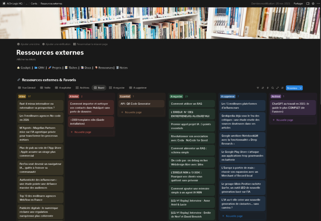 Page ressources Notion pour centraliser documents et liens professionnels